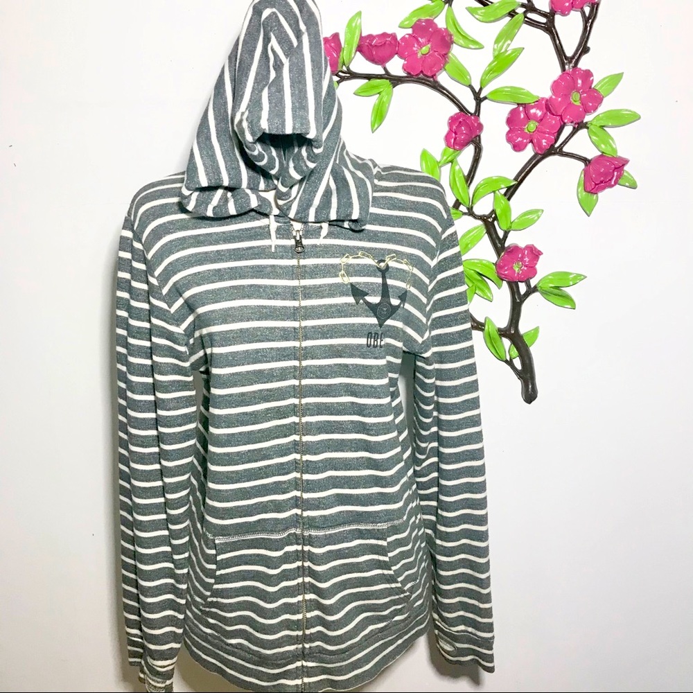 Obey Gray Striped Hoodie Anchored Heart Size L